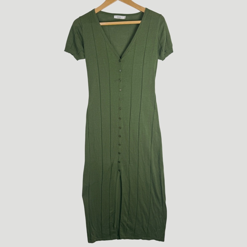 Mod Ref Olive Green Knit Maxi Dress Short Sleeve Button Front V-Neck Small